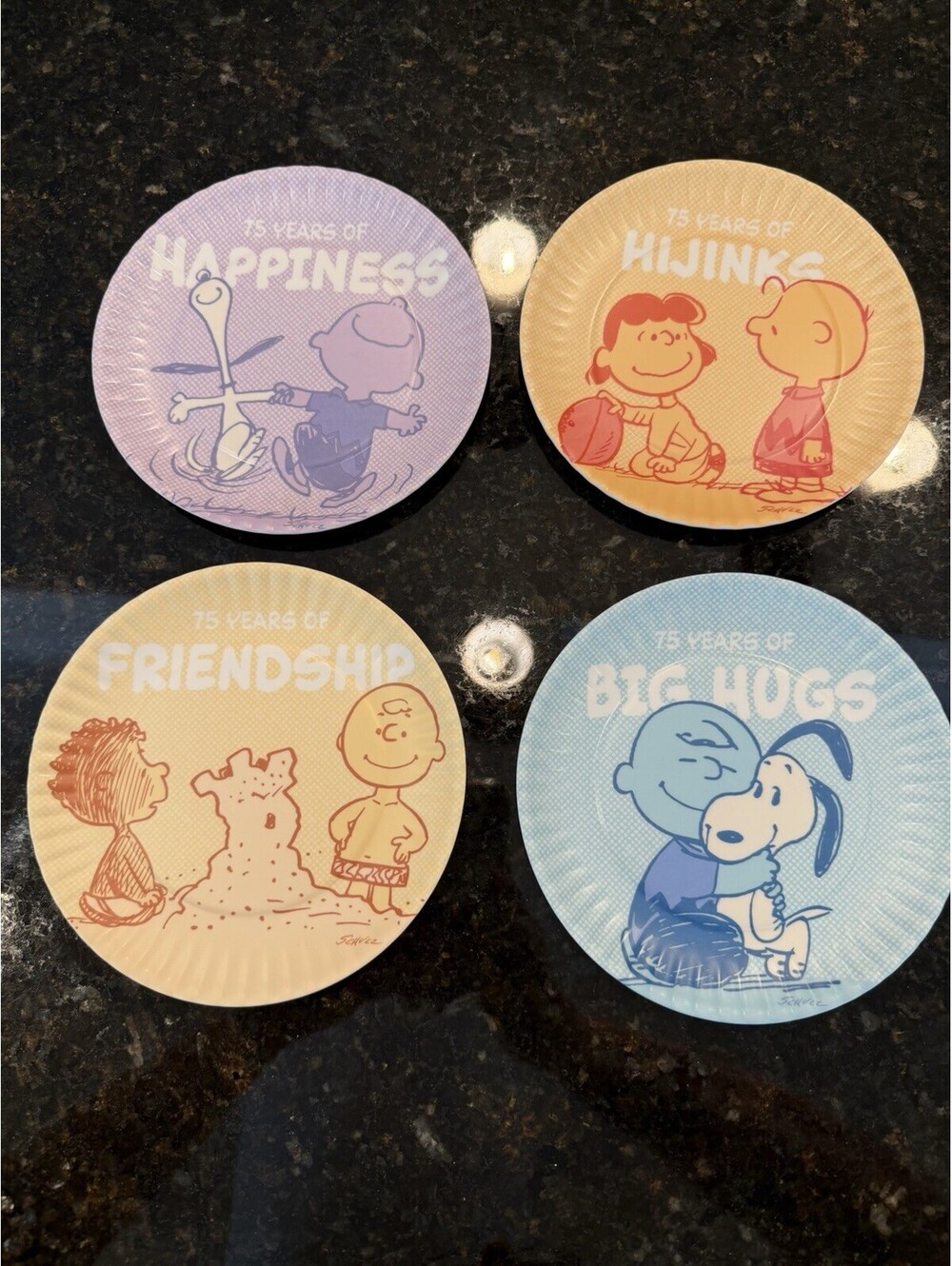 Hallmark Peanuts 75Th Anniversary Plastic Melamine Plates 7” Set Of 4